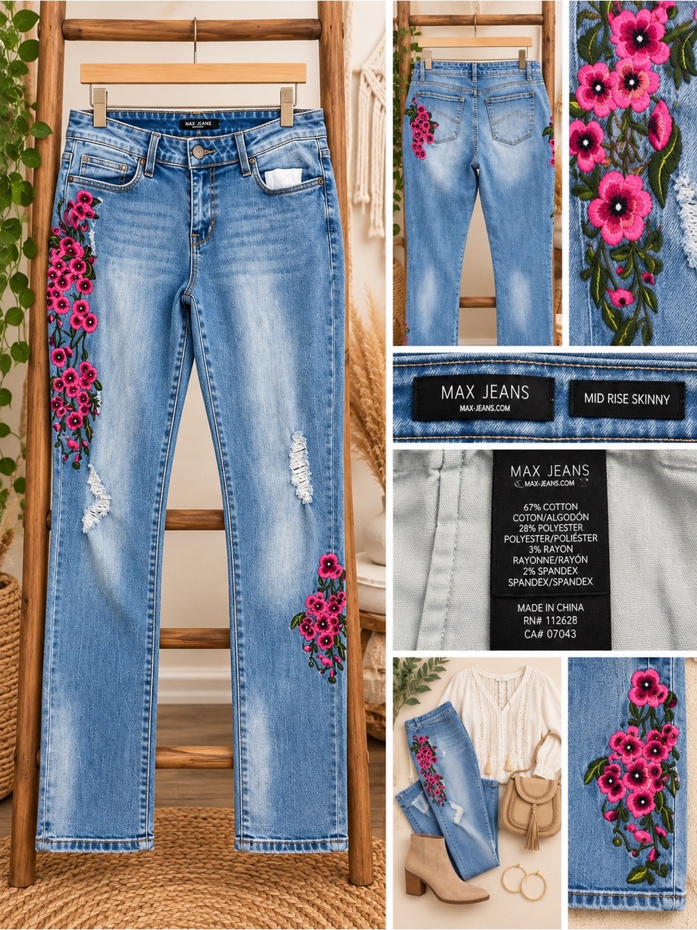 Max Jeans Light Blue Skinny Jeans with Pink Floral Embroidery